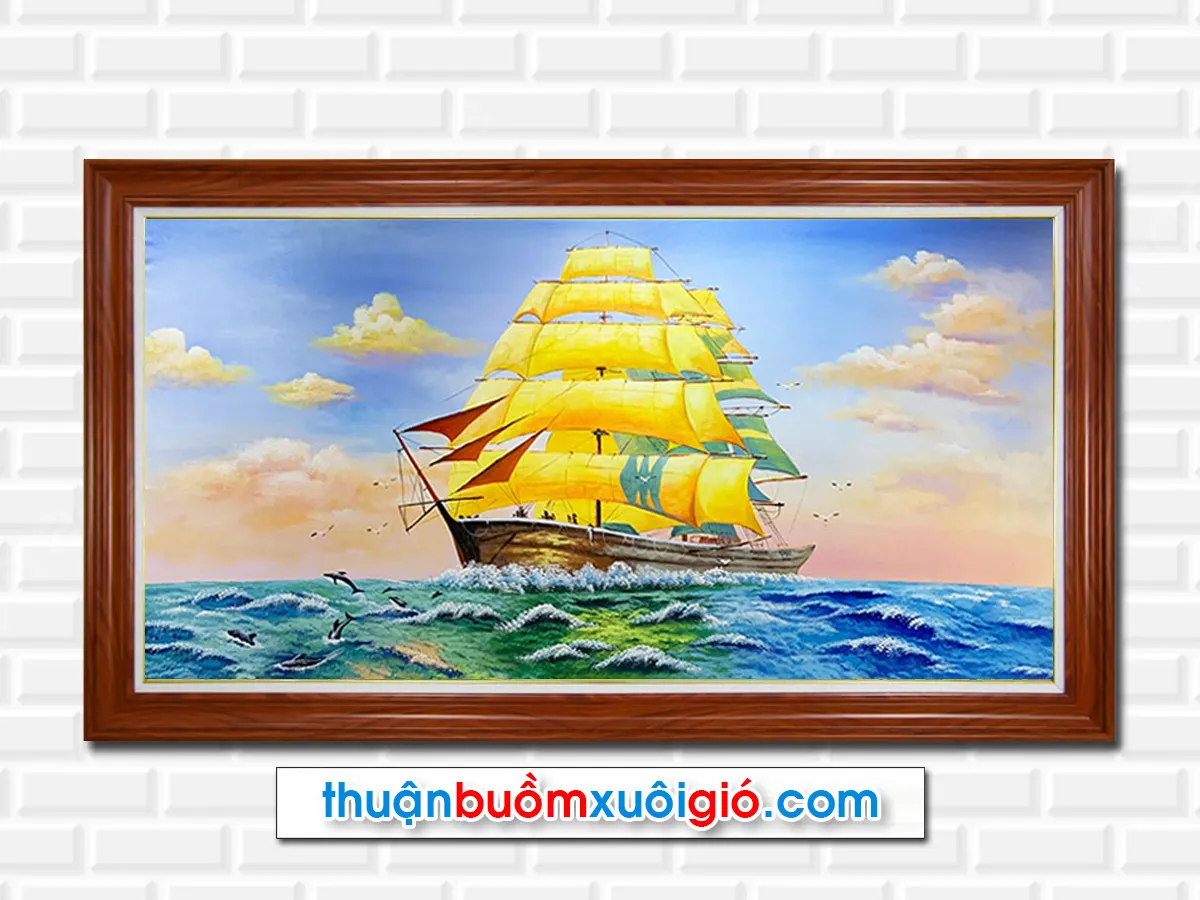 Tranh thuận buồm xuôi gió khổ lớn vẽ con thuyền buồm vàng trên biển