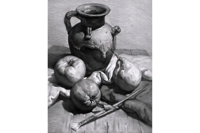 Tranh tĩnh vật vẽ bằng bút chì thể hiện sự đa dạng của các loại chất liệu