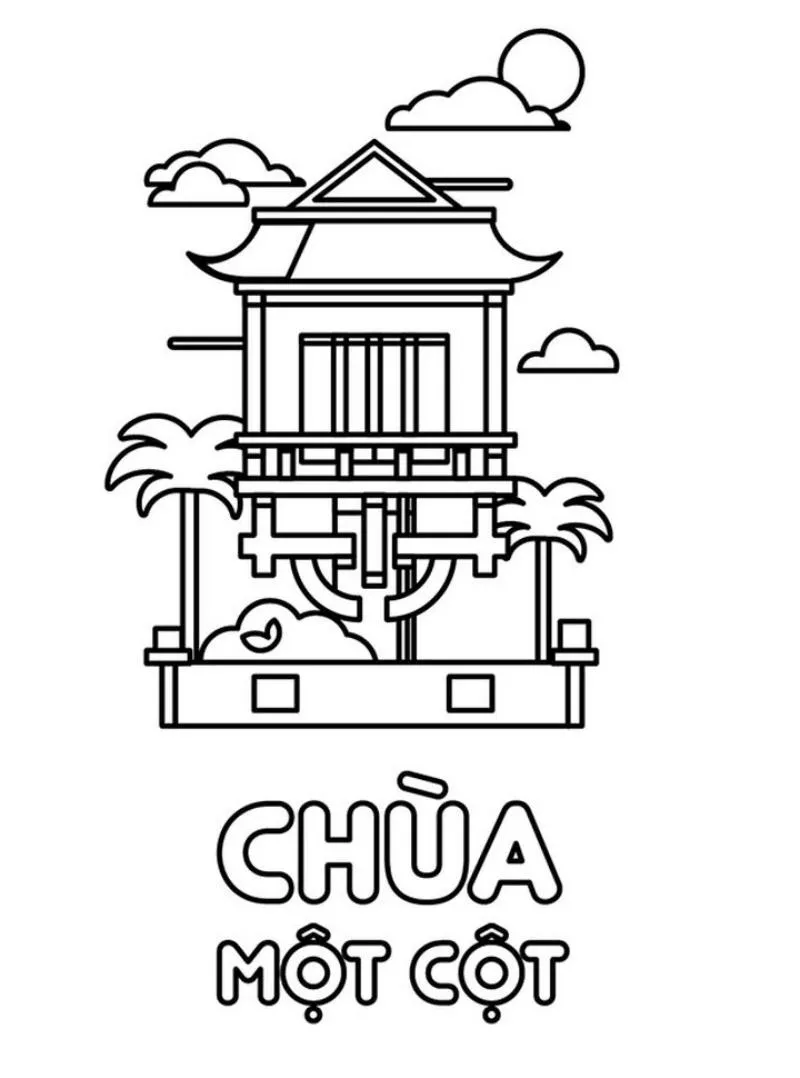 Tranh tô màu Chùa Một Cột cổ điển với chi tiết kiến trúc rõ nét