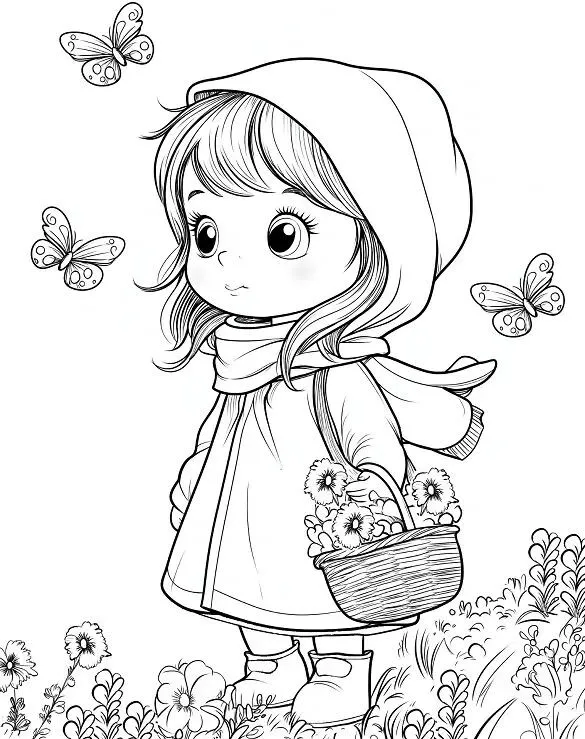Tranh tô màu cô bé với bó hoa