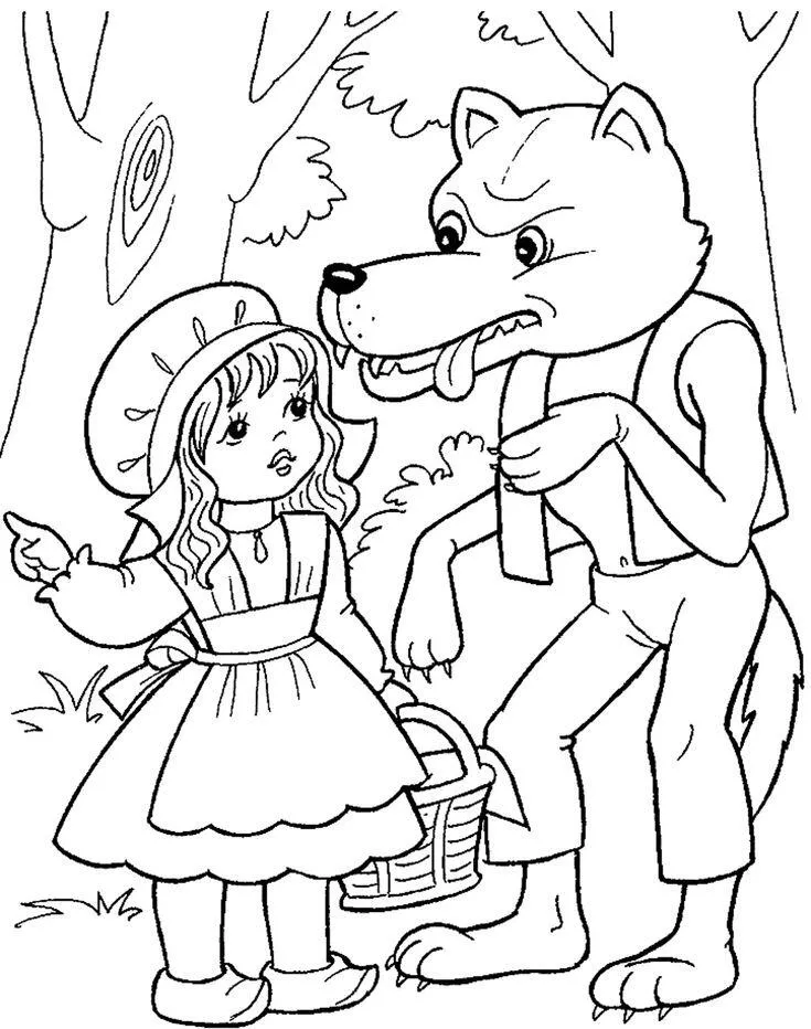 Tranh tô màu cô bé gặp chú sói