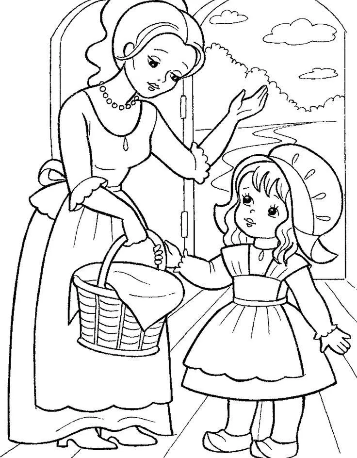 Tranh tô màu cô bé nói chuyện với sói