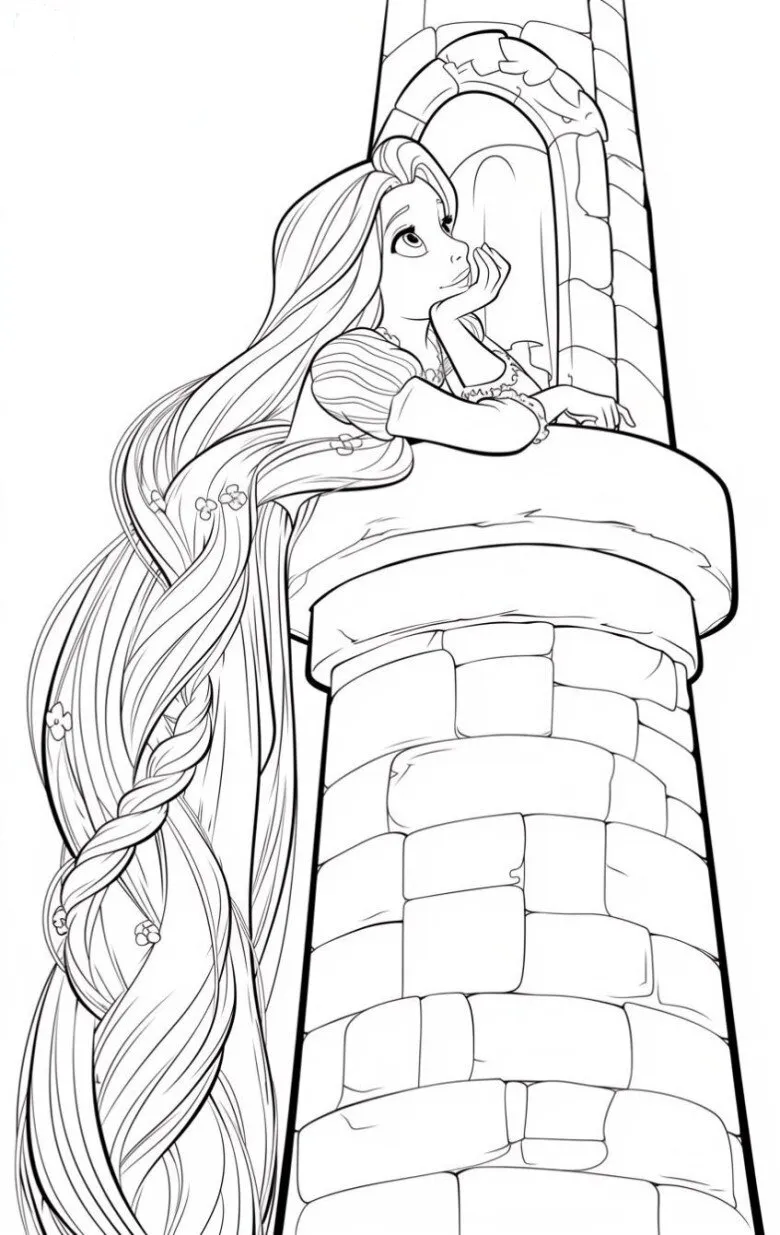 Công chúa Rapunzel với mái tóc dài óng ả đang đứng trước tòa tháp