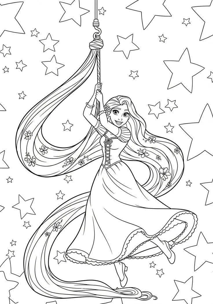 Rapunzel đang tết tóc với nhiều bông hoa xinh đẹp