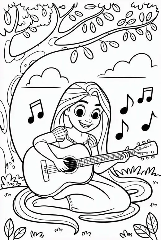 Công chúa Rapunzel đang ngồi đọc sách dưới gốc cây