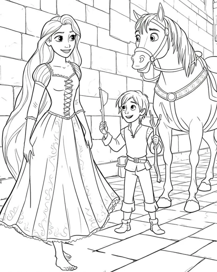 Công chúa Rapunzel đang cầm chổi quét dọn trong tòa tháp