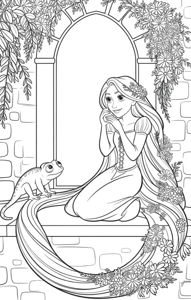Rapunzel đang chải tóc bên cửa sổ tòa tháp với ánh sáng mặt trời