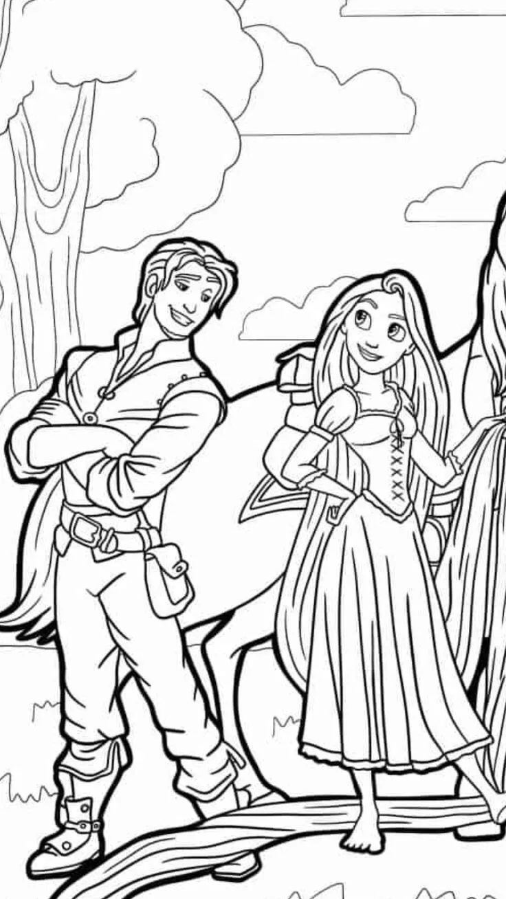 Rapunzel với mái tóc phủ đầy hoa đang đứng trước hoàng cung