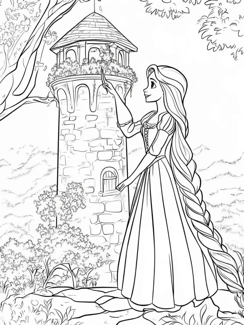 Công chúa Rapunzel mặc váy tím pastel đang cầm bông hoa