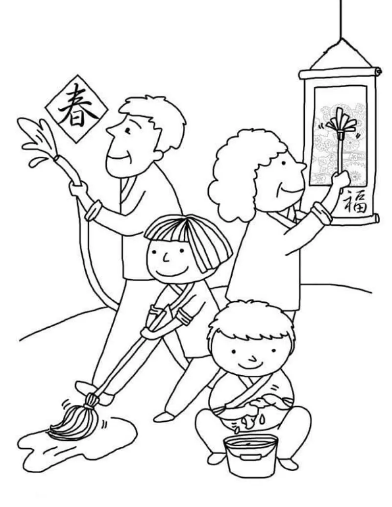 tranh tô màu quét dọn ngày tết 1