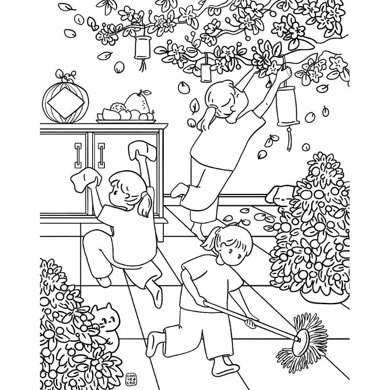 tranh tô màu quét dọn ngày tết