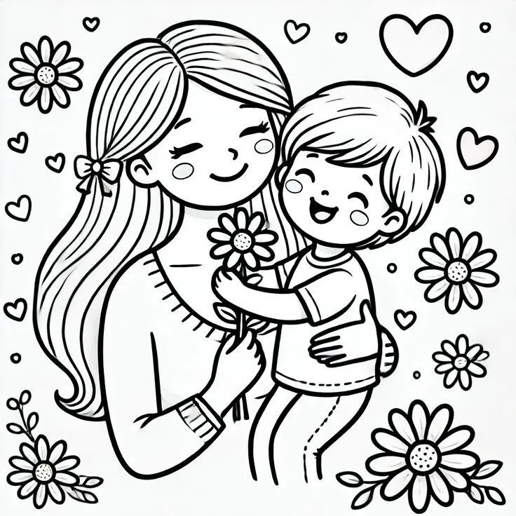 Tranh tô màu thiệp 8/3 với hình ảnh bông hoa và trái tim