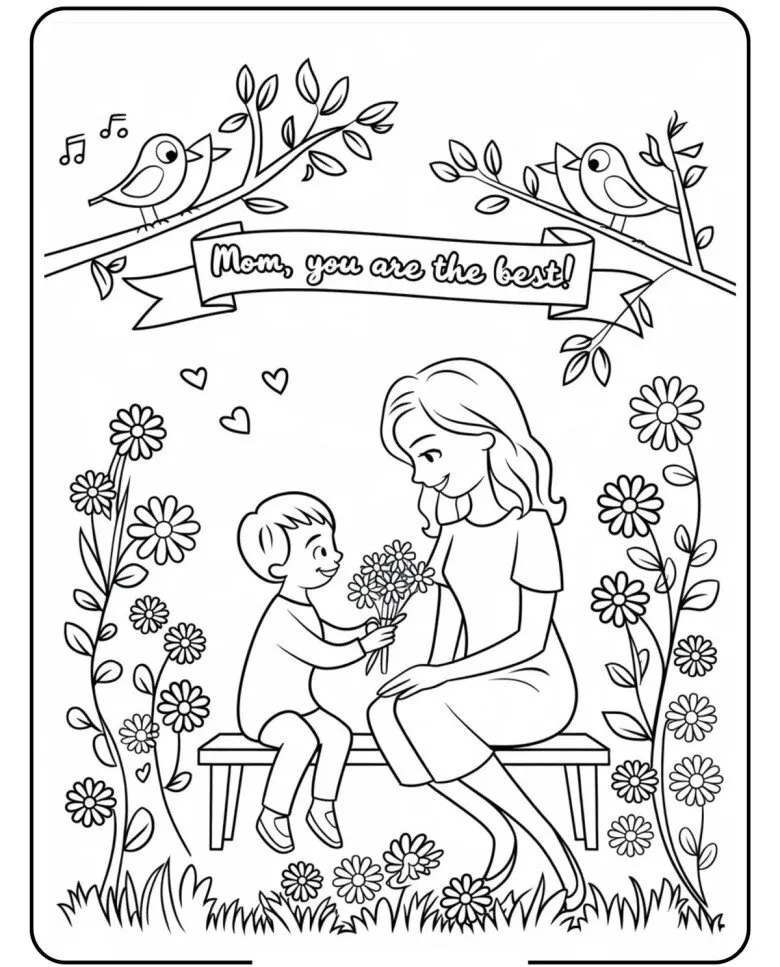 Mẫu tranh tô màu chữ "Mẹ" kết hợp hoa trang trí cho ngày 8/3