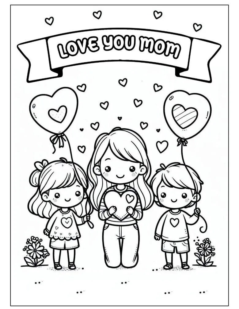 Mẫu tranh tô màu hình trái tim và hoa cho ngày Quốc tế Phụ nữ