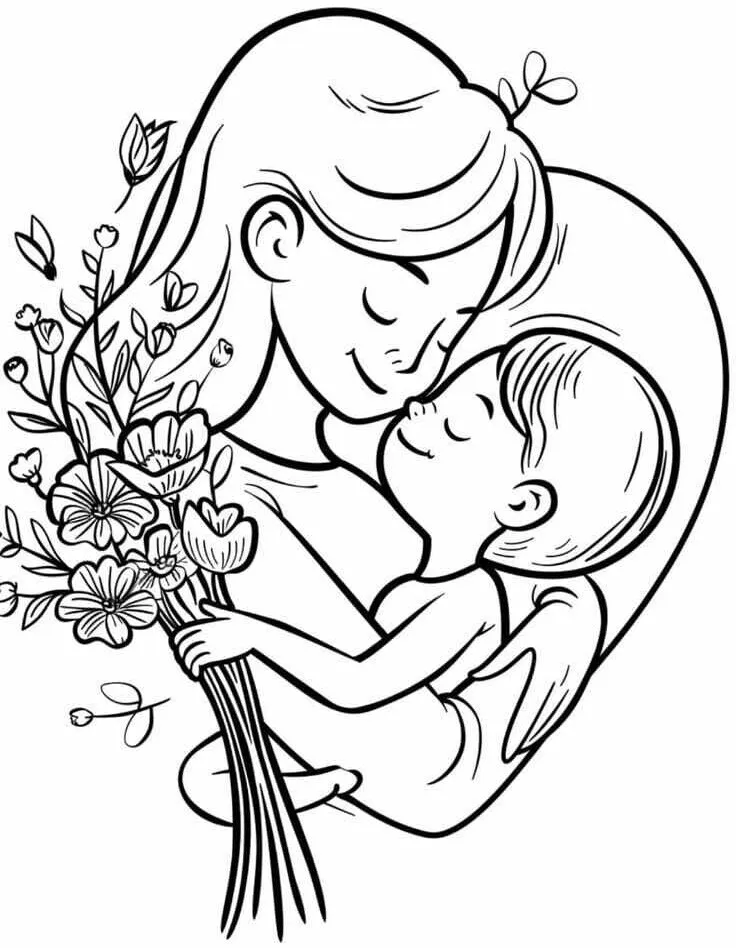 Tranh tô màu mẹ và bé ôm nhau ấm áp