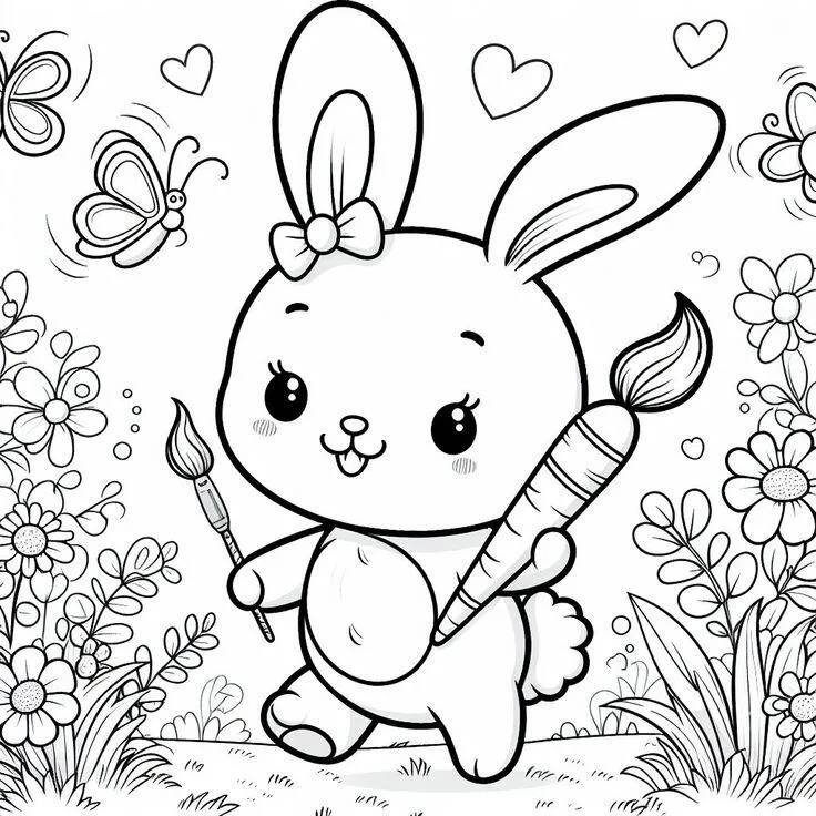 Hình ảnh con thỏ tô màu với khinh khí cầu, phong cách mơ mộng