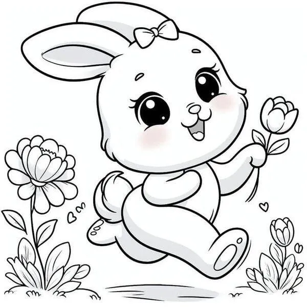 Tranh tô màu thỏ trong vườn hoa, nhiều chi tiết phong phú