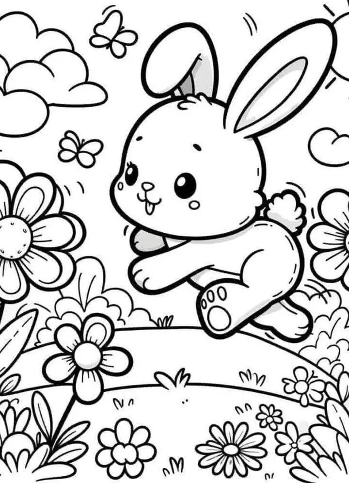 Hình ảnh con thỏ tô màu với tai dài và đuôi bông xù