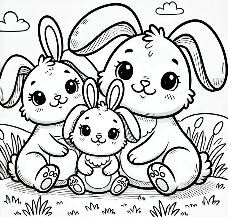 Hình ảnh con thỏ tô màu với hoa văn trang trí xung quanh