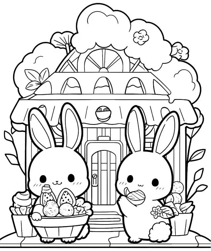 Tranh tô màu thỏ đội mũ, phong cách dễ thương cho bé gái