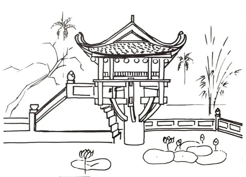 Tranh tô màu Chùa Một Cột phong cách hiện đại với nét vẽ đơn giản, phù hợp cho trẻ mầm non