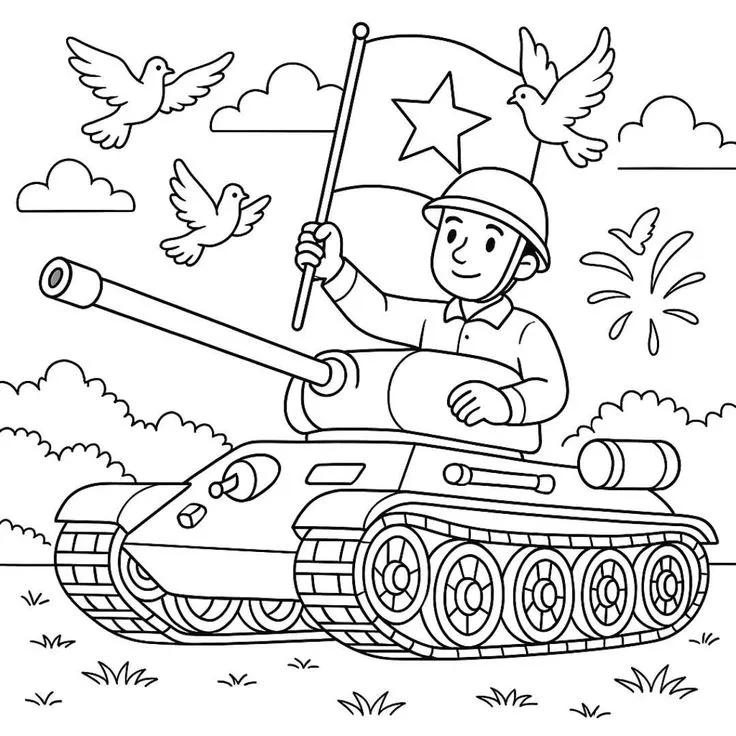 Tranh tô màu xe tăng cho bé với các đường nét rõ ràng sắc nét