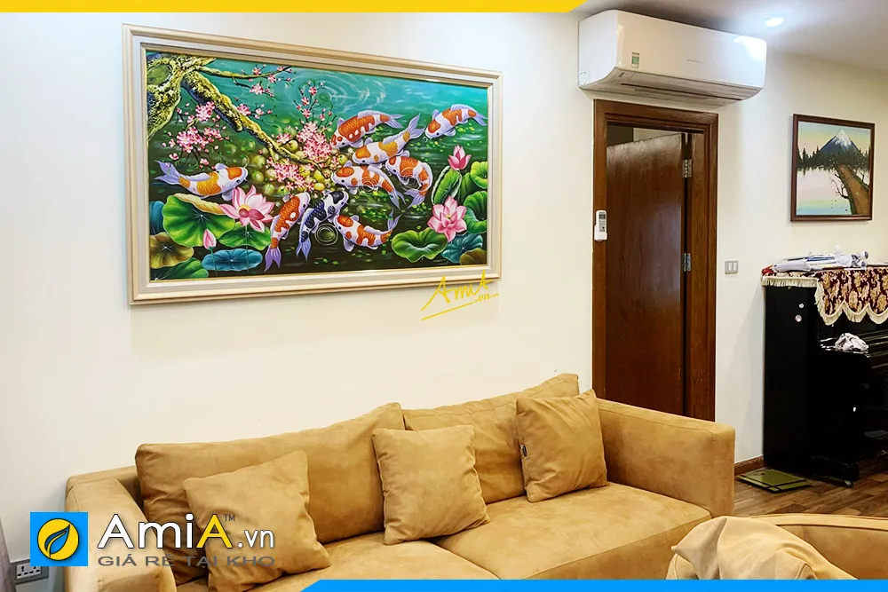 Tranh treo chung cư Goldmark Hồ Tùng Mậu sơn dầu cá chép