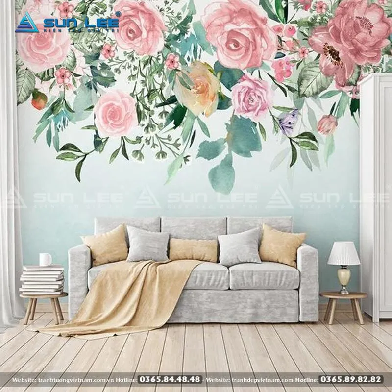 Tranh tường hoa hồng đại đóa tạo điểm nhấn mạnh mẽ cho sảnh nhà - Mẫu 7
