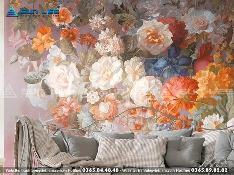 Tranh tường hoa hồng nhiều màu sắc tạo sự sinh động cho căn phòng - Mẫu 16