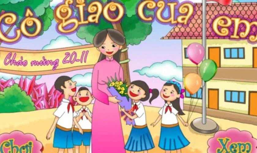 Tranh vẽ 20/11 chủ đề mái trường và thầy cô cùng học sinh vui đùa