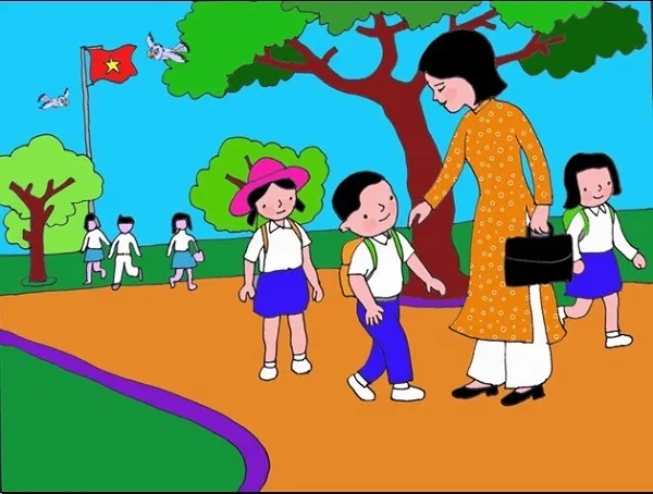 Tranh vẽ bé đến trường cùng mẹ dắt tay đầy yêu thương