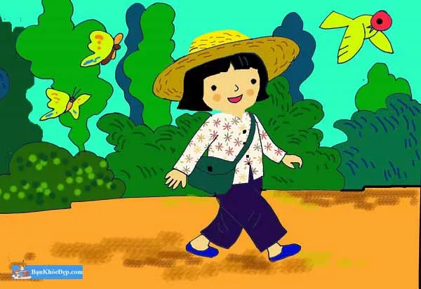 Tranh vẽ bé đến trường theo phong cách hoạt hình ngộ nghĩnh