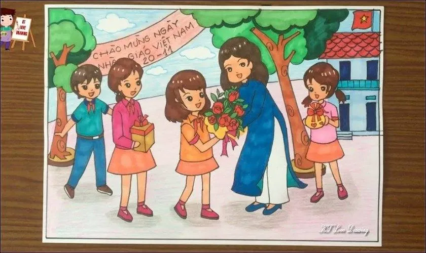 Tranh vẽ biểu tượng người lái đò tri ân thầy cô giáo đầy xúc động