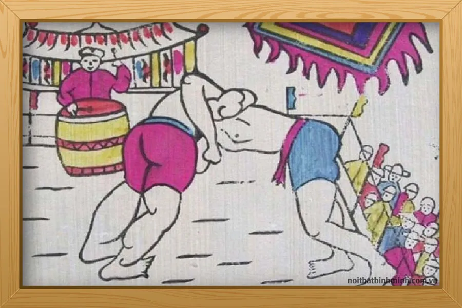 Tranh vẽ các đô vật đang thi đấu trong tiếng reo hò của khán giả