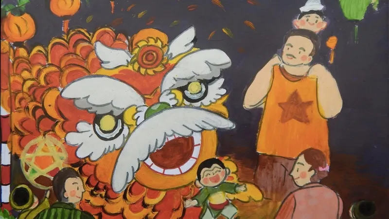 Tranh vẽ cảnh bố mẹ cùng con cái vui chơi trong đêm Trung thu