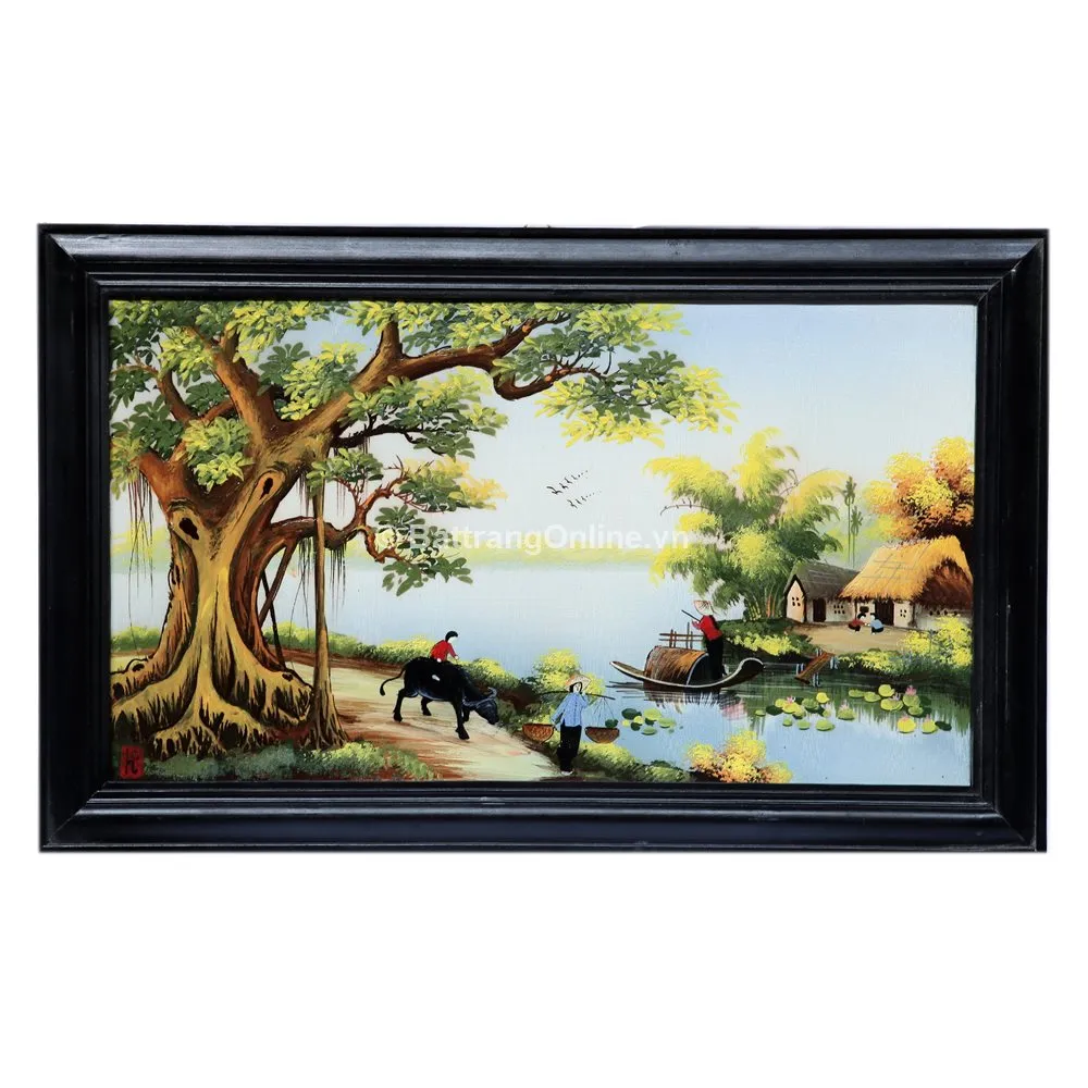 Tranh vẽ cảnh đồng quê với hình ảnh cây đa bến nước đặc trưng