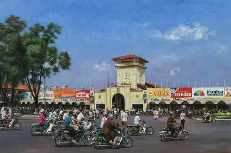 Tranh vẽ chợ bến thành acrylic thể hiện nhịp sống đô thị năng động