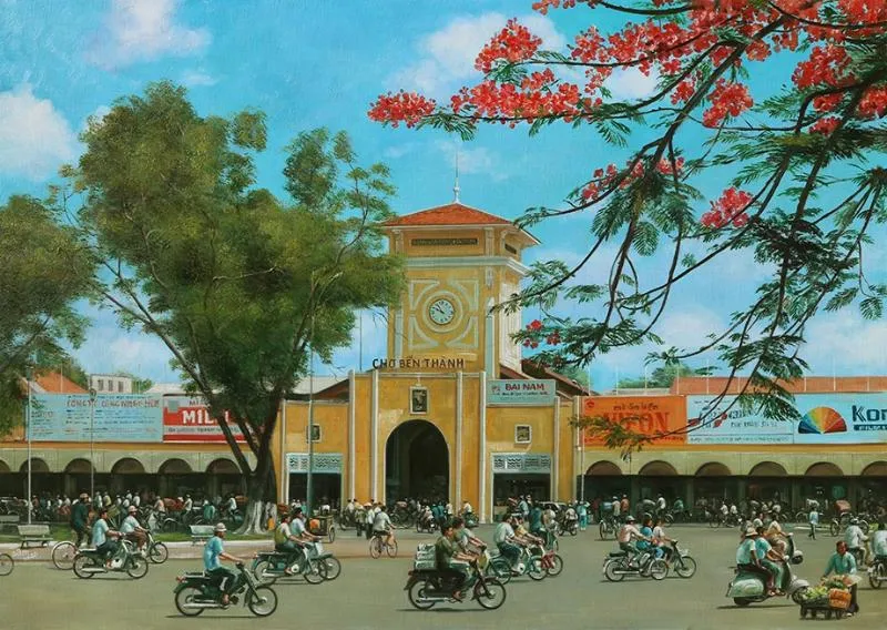 Tranh vẽ chợ bến thành chất liệu sơn dầu tái hiện nhịp sống sôi động