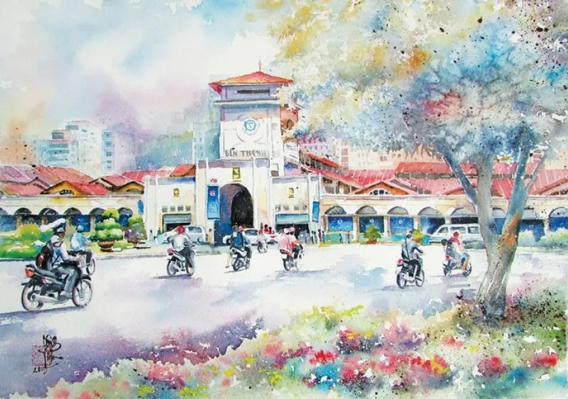 Tranh vẽ chợ bến thành màu nước với phong cách nhẹ nhàng trong trẻo
