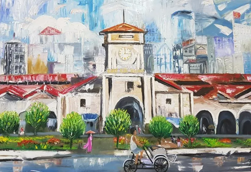 Tranh vẽ chợ bến thành sơn dầu với những mảng màu hiện đại rực rỡ