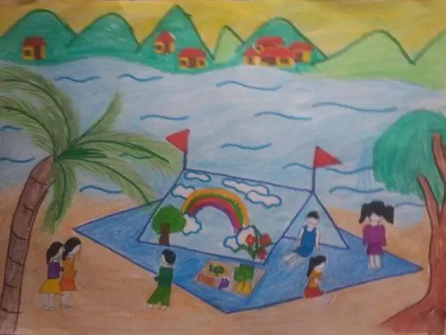 Tranh vẽ có bố cục rõ ràng và chi tiết của học sinh bậc tiểu học