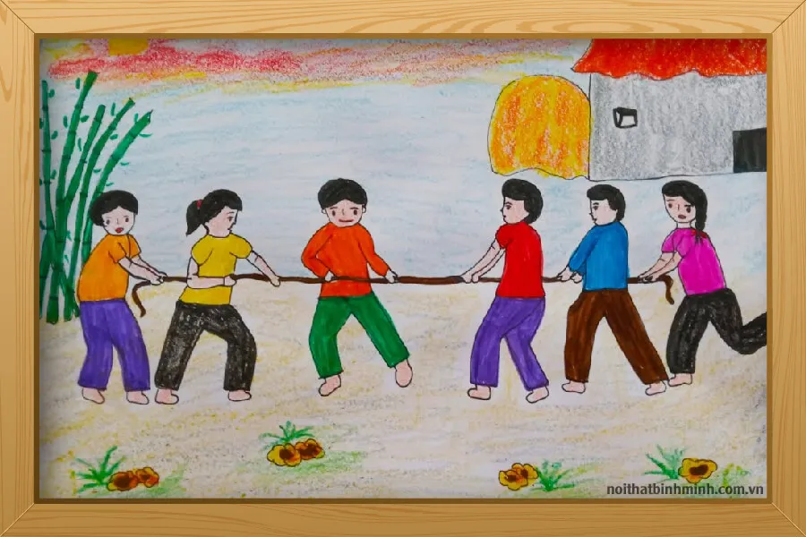 Tranh vẽ cổ động cho trò chơi kéo co với màu sắc tươi sáng bắt mắt