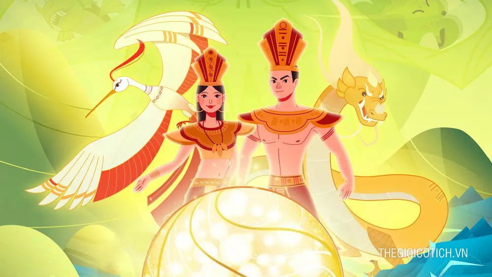 Tranh vẽ con rồng cháu tiên Lạc Long Quân Âu Cơ và bọc trăm trứng nở trăm con