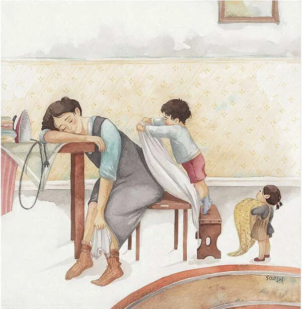 Tranh vẽ con thể hiện lòng thiếu thảo, đắp chăn cho mẹ