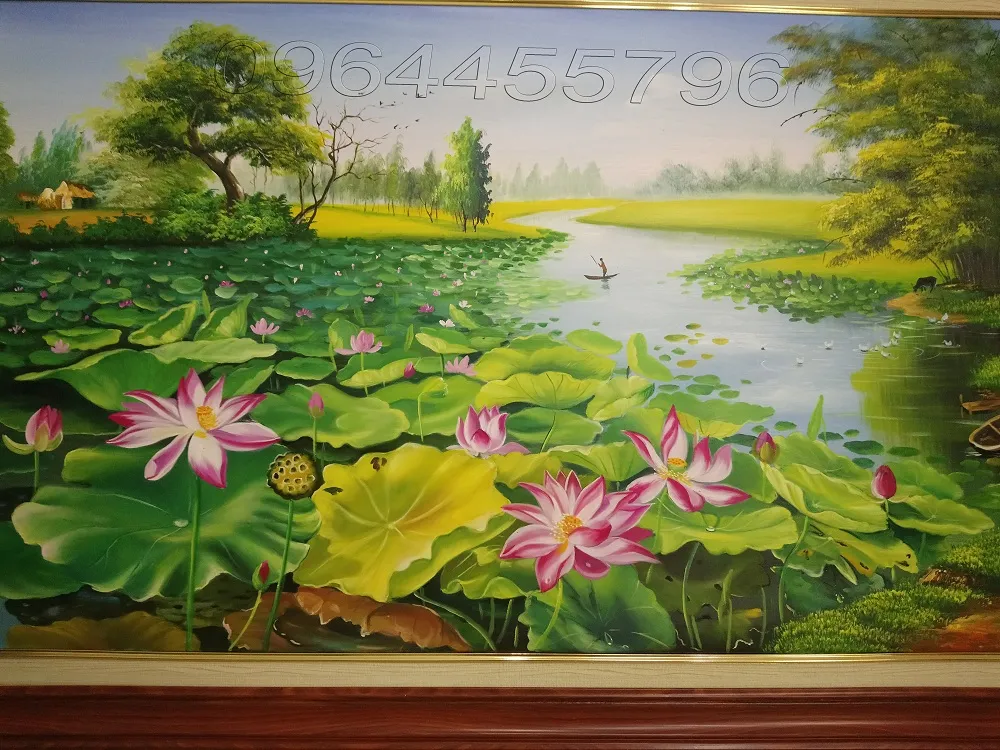 Tranh vẽ đầm sen với sắc màu xanh tươi mát