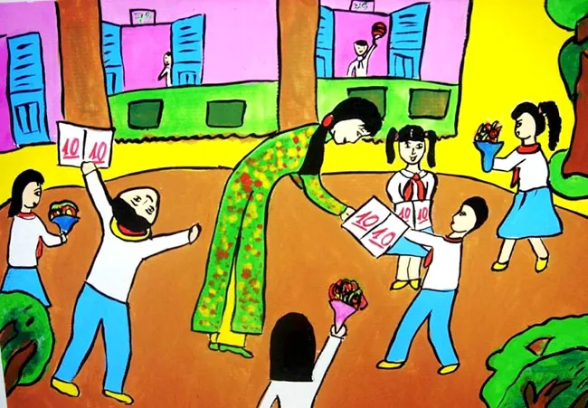 Bức tranh thể hiện tình cảm của cô giáo và học trò - em Nhật Hoàng lớp 9