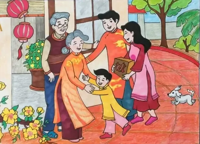 Tranh vẽ đề tài gia đình lớp 8 ngày Tết thú vị và sáng tạo