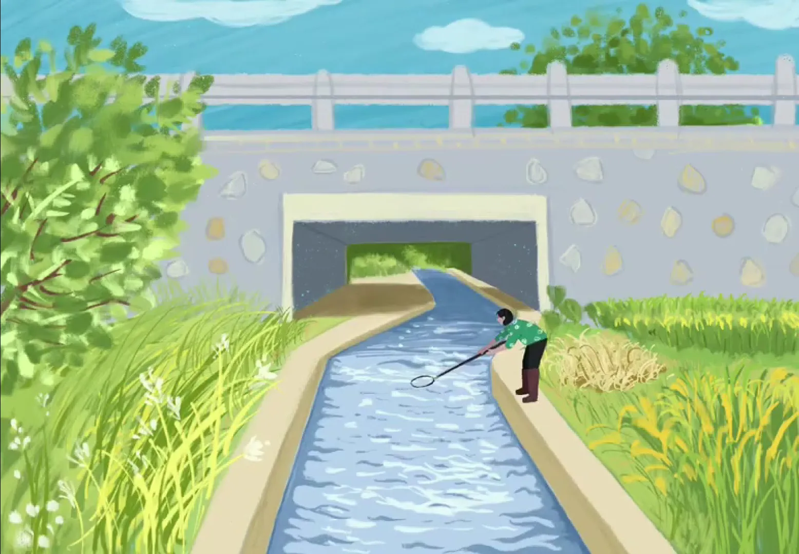 Tranh vẽ đề tài lao động bắt cá ở kênh nước cho học sinh lớp 8