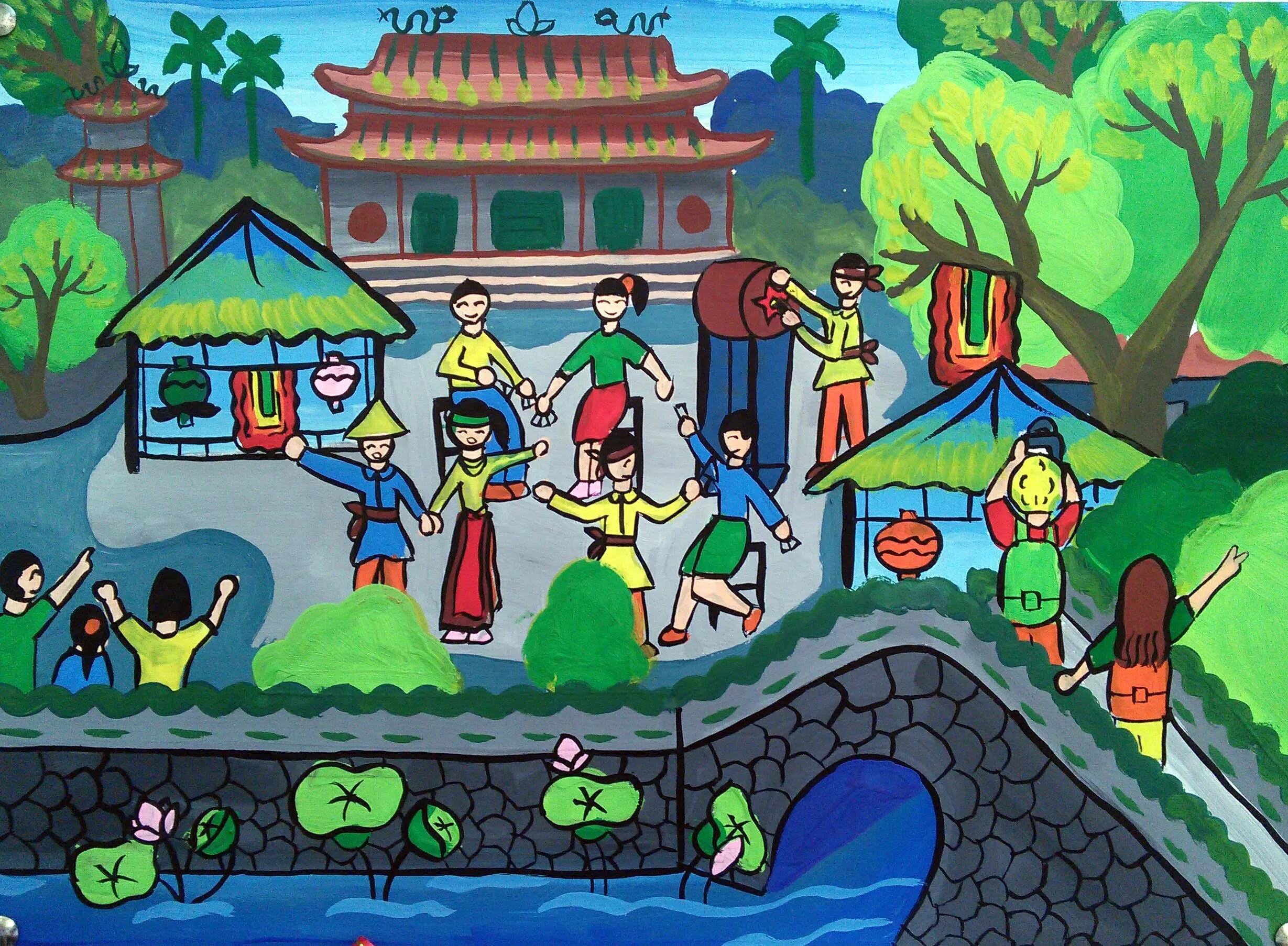 Tranh vẽ đề tài lễ hội với những họa tiết rực rỡ