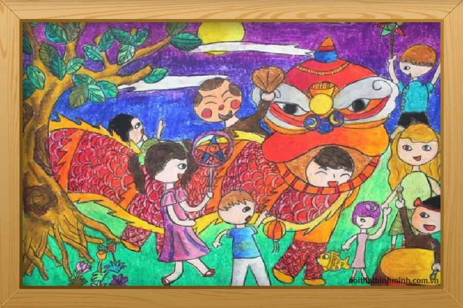 Tranh vẽ đêm hội trung thu với chị Hằng và chú Cuội trên cung trăng